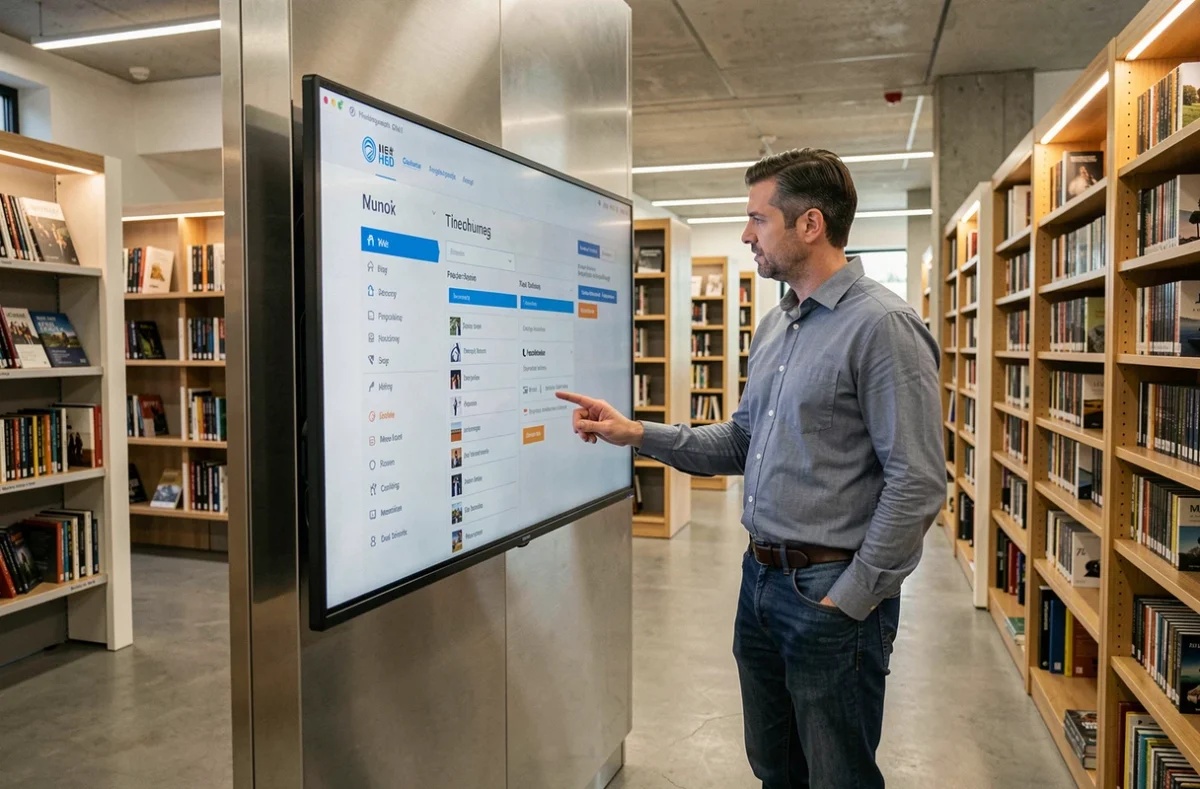 Homme explorant un menu de navigation sur écran tactile dans une médiathèque moderne