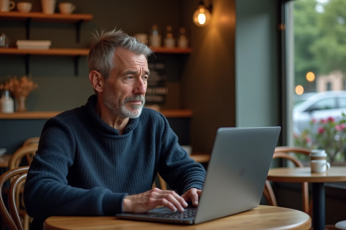 Homme consultant un site de grammaire française sur un ordinateur portable dans un café