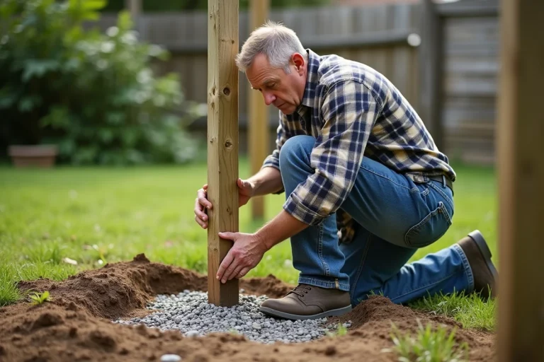 Homme en jeans et chemise à carreaux installe une clôture en bois dans un jardin