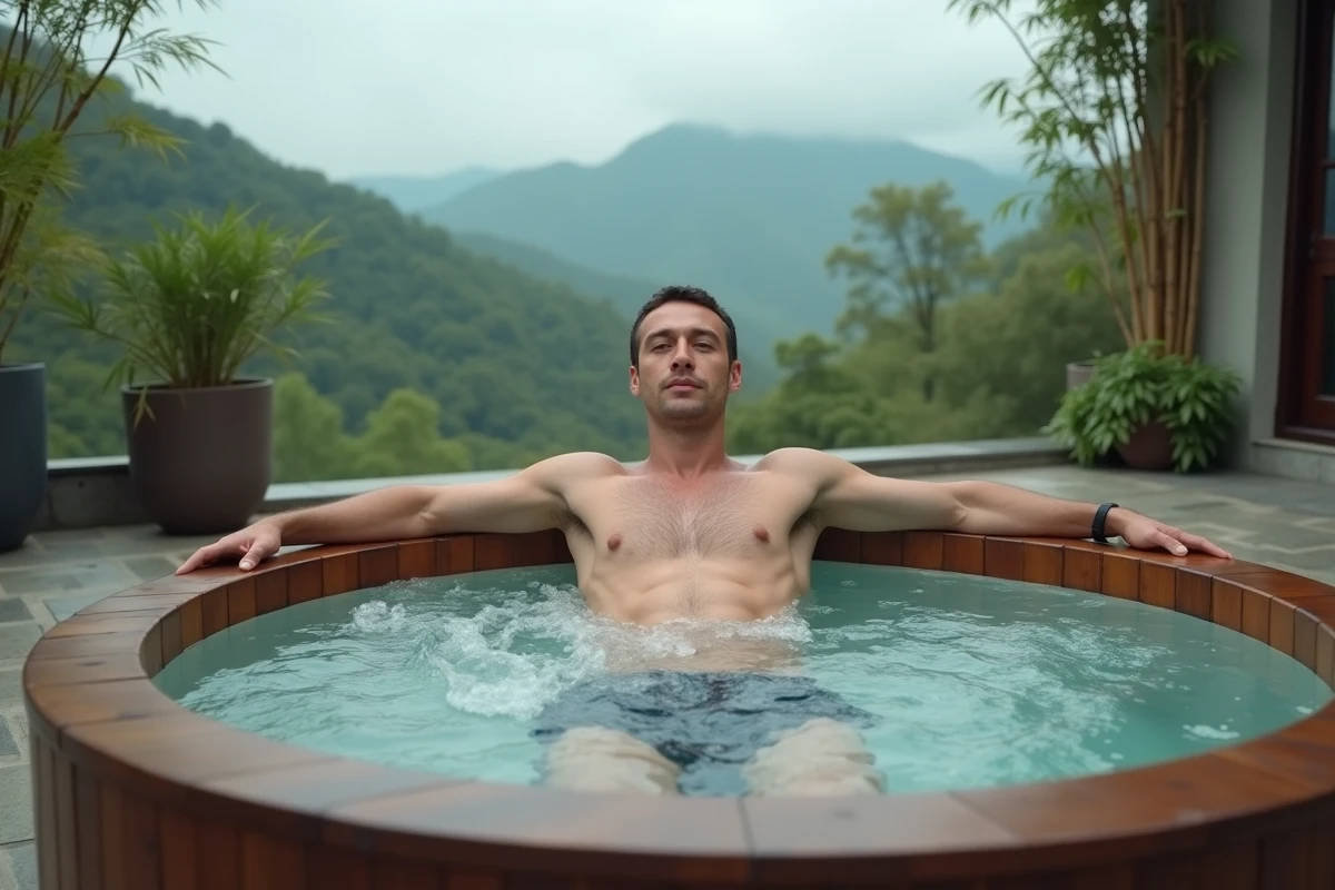 Homme détendu dans un jacuzzi en bois extérieur sur une terrasse de spa avec vue sur la nature
