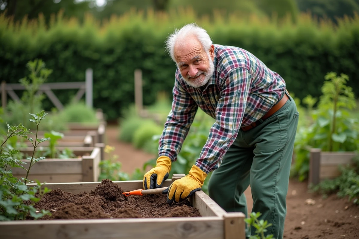 Homme âgé travaille dans un jardin potager communautaire