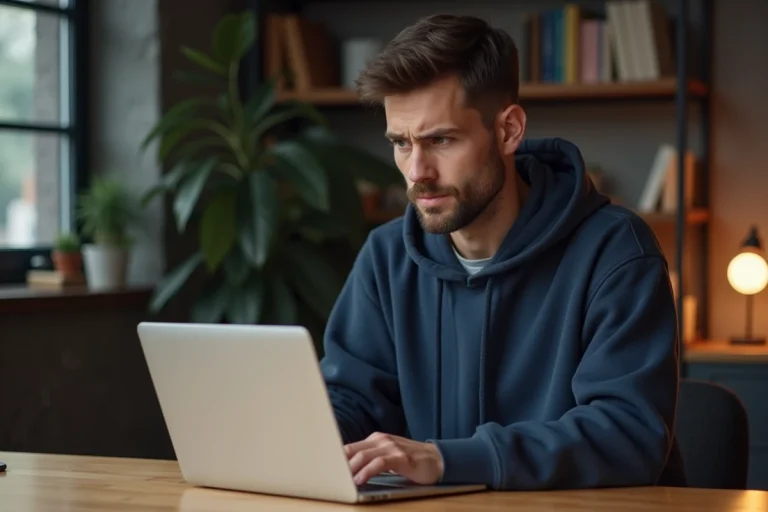 Jeune homme cherchant la nouvelle adresse d'un site de streaming sur son ordinateur portable