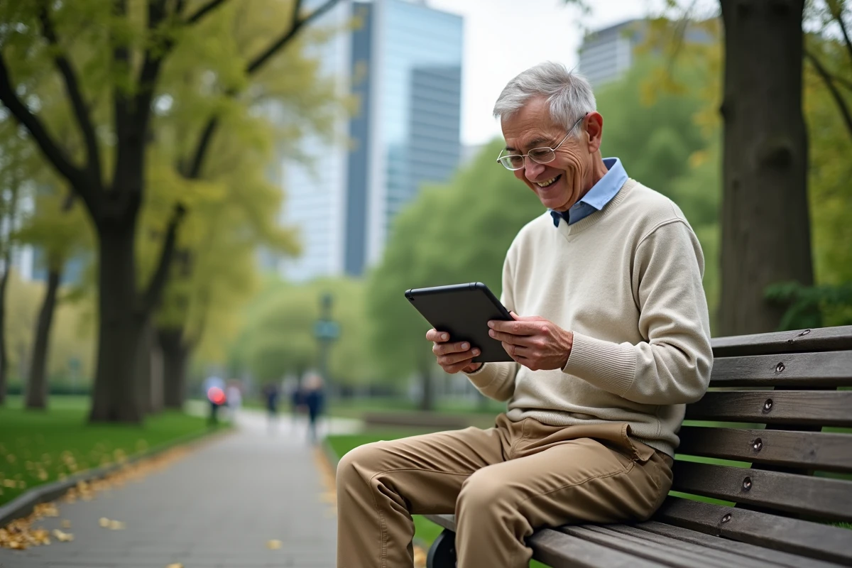Homme retraité utilisant une tablette dans un parc urbain