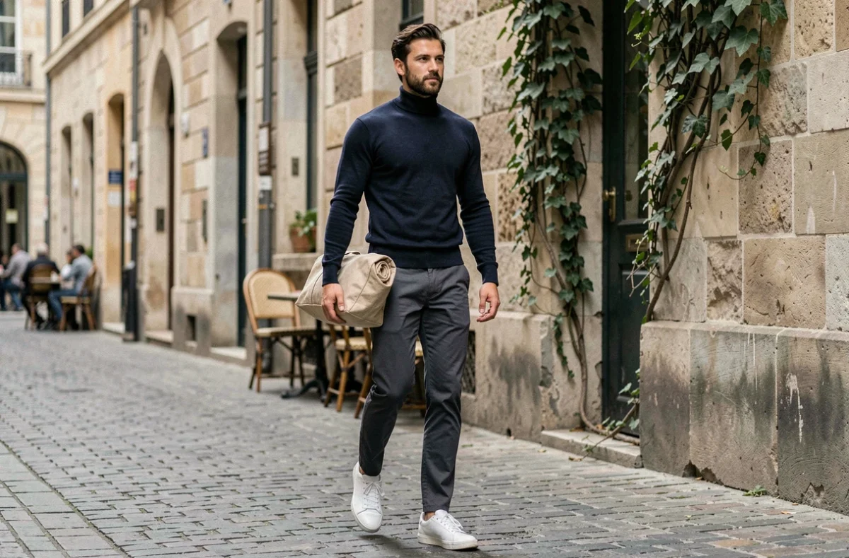Homme stylé en turtleneck marine marchant dans une rue pavée européenne, conseils mode homme pour un look urbain soigné