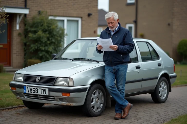 Homme d'environ quarante ans avec une voiture argentée