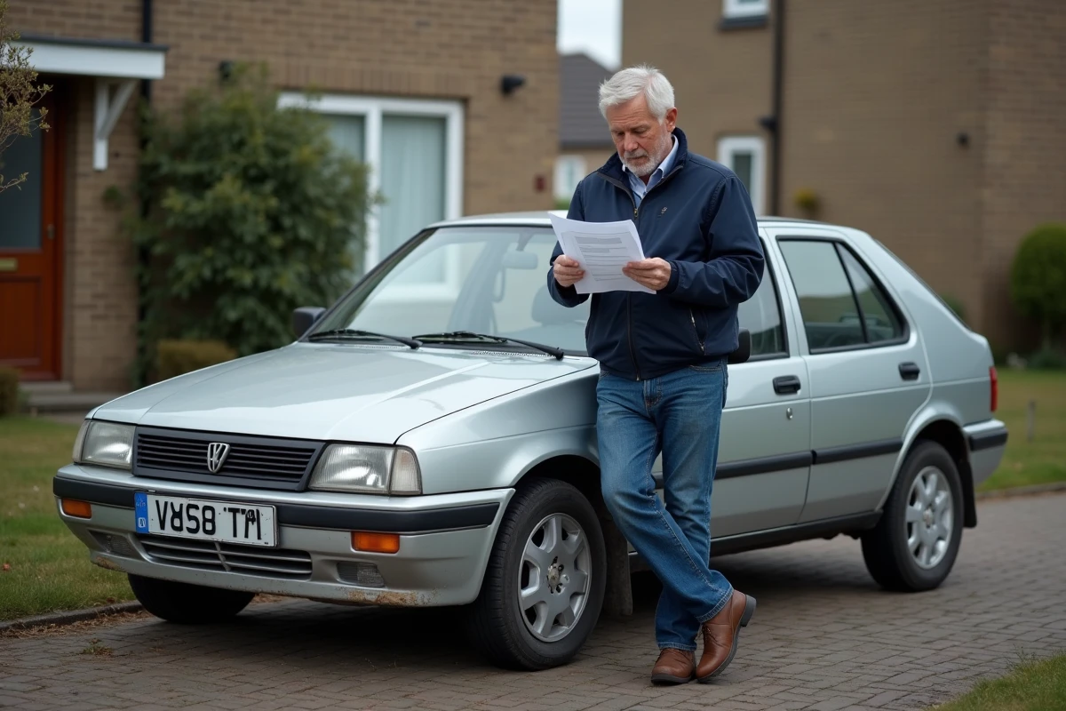 Homme d'environ quarante ans avec une voiture argentée