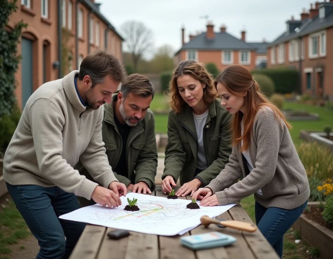Groupe de citoyens bénévoles travaillant dans un jardin partagé urbain à Rennes, initiative locale de jardinage collectif