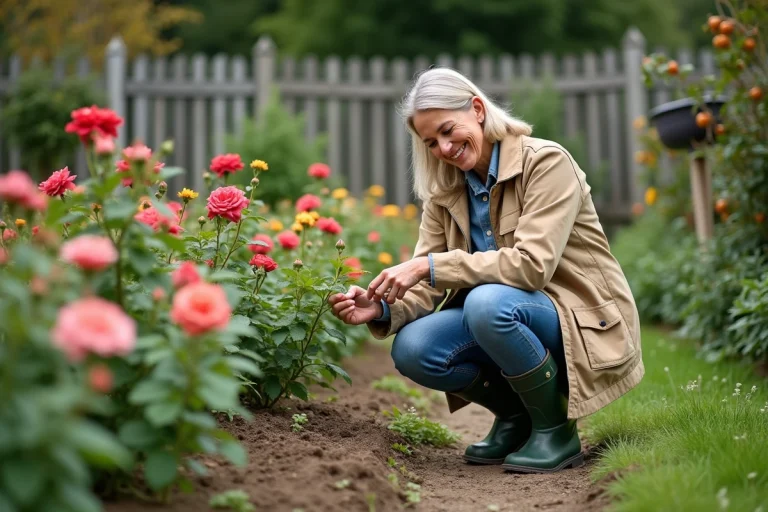 Femme d'âge moyen prune des roses dans un jardin coloré