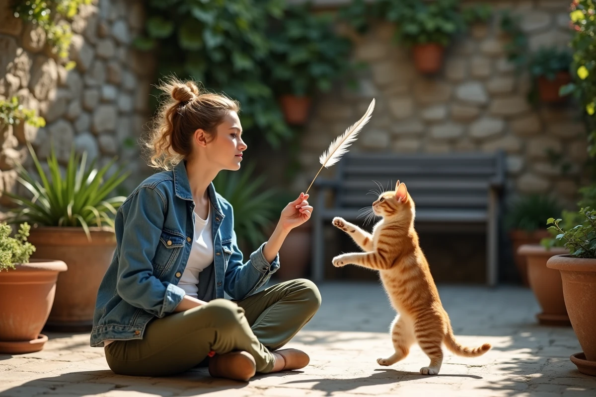 Jeune femme jouant avec son chat roux en plein air sur une terrasse de jardin ensoleillée