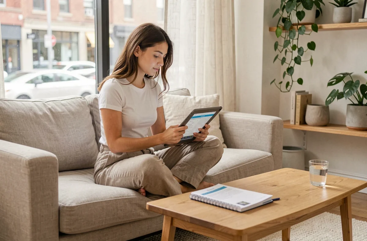 Jeune femme assise en tailleur sur un canapé minimaliste utilisant une application de productivité sur tablette avec un agenda ouvert