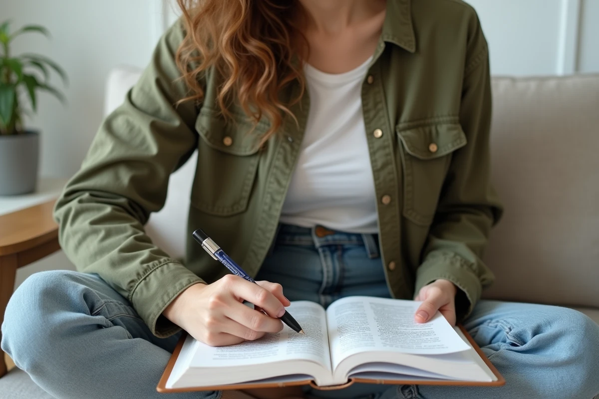 Jeune femme étudiant la grammaire française avec un livre et un cahier de notes sur un canapé