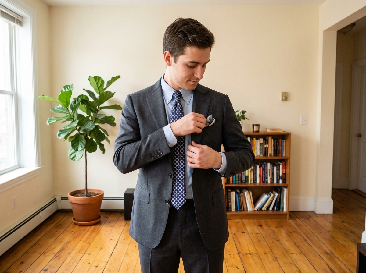 Jeune homme en costume ajusté dans un intérieur accueillant