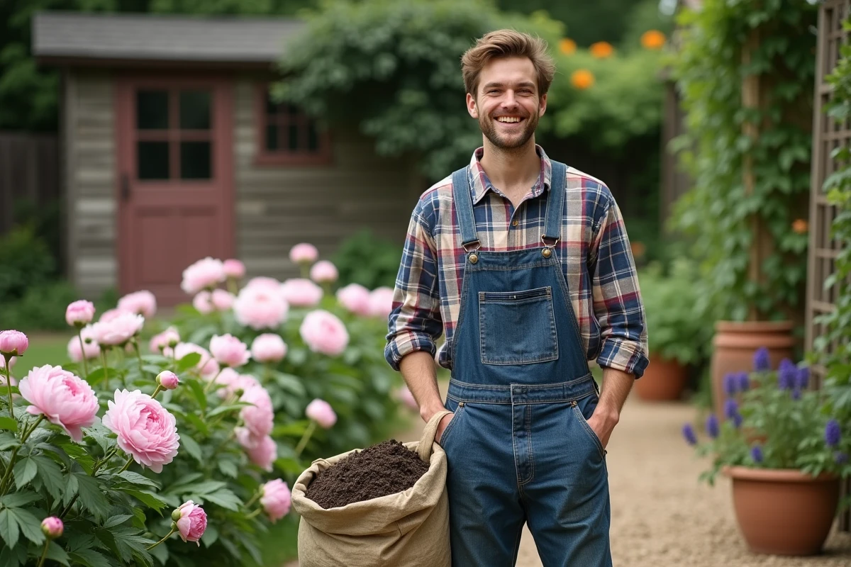 Jeune homme avec sac de compost dans un jardin fleuri