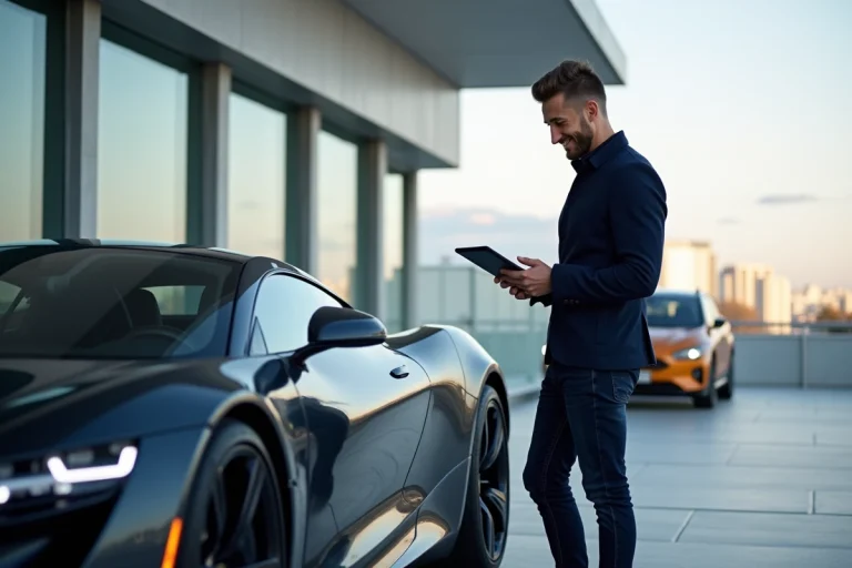 Jeune homme avec voiture électrique moderne en extérieur