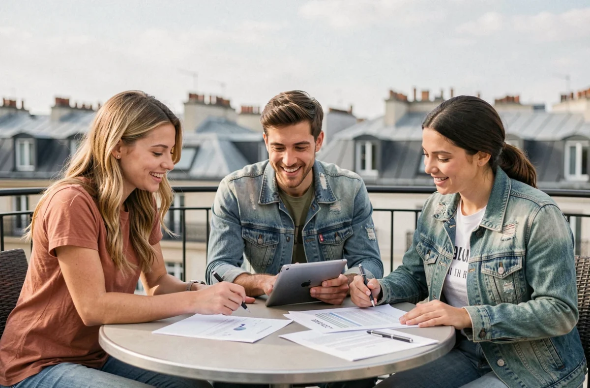 Jeunes entrepreneurs collaborant autour d'une table sur une terrasse parisienne avec vue sur les toits de la ville
