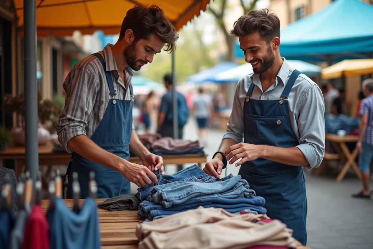 Deux jeunes hommes organisant une boutique de vêtements en plein air