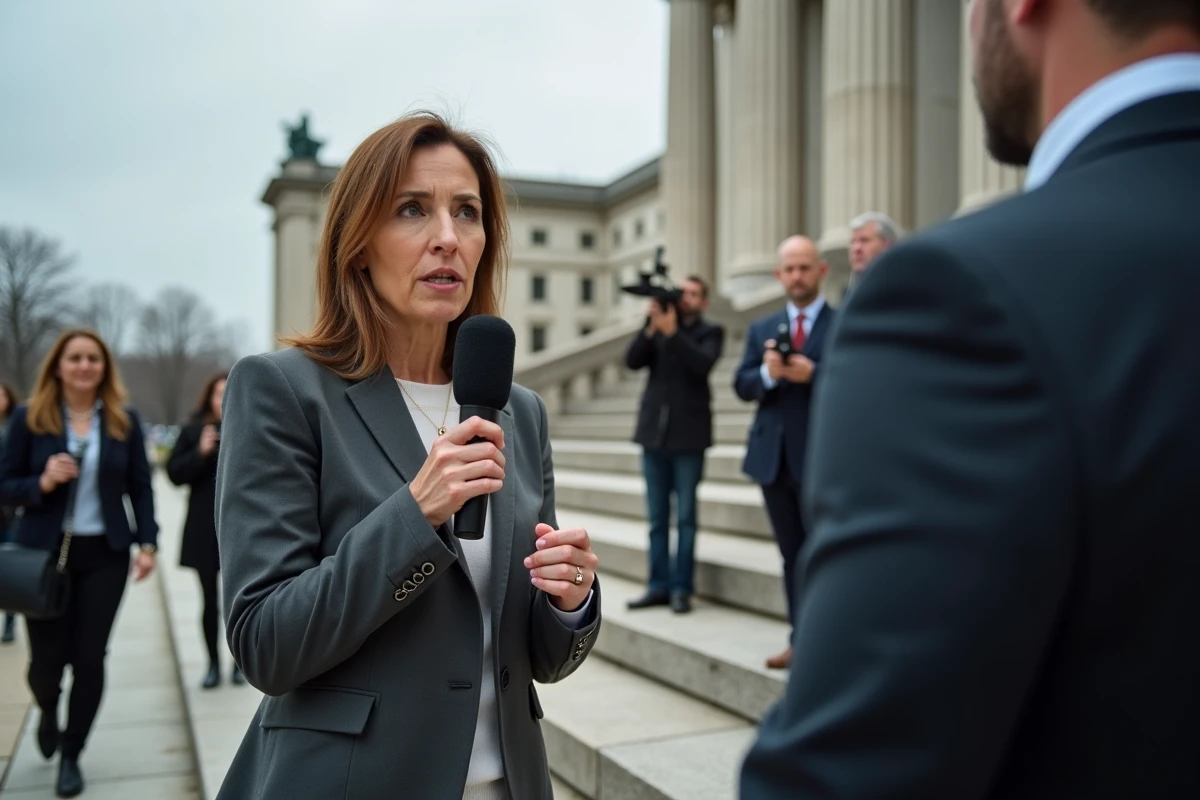 Journaliste interviewant un responsable politique sur les marches d'un bâtiment officiel