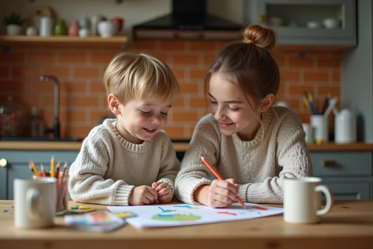 Maman et son enfant partageant un dessin dans la cuisine chaleureuse