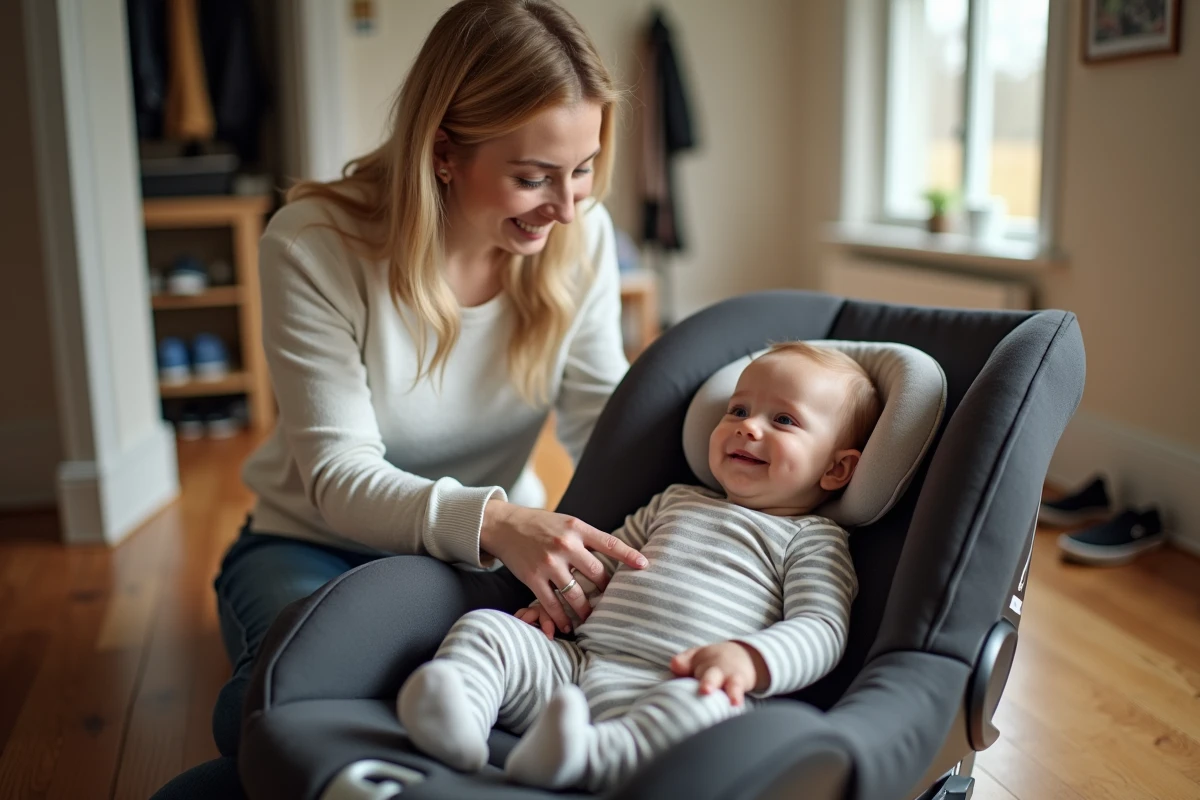 Maman ajustant l insert dans le siège auto de sa fille