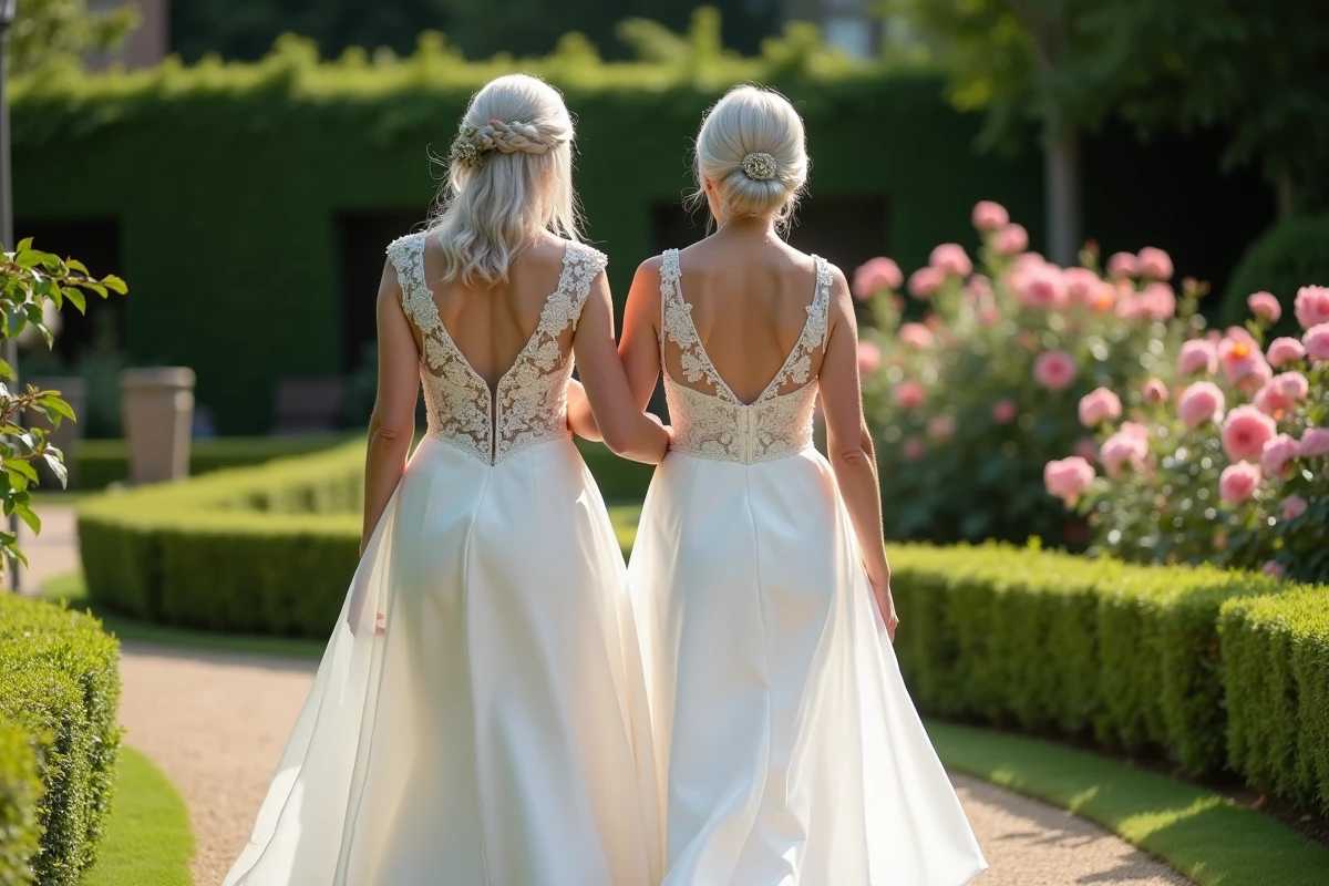 Mariée dans un jardin avec robe élégante et broderie