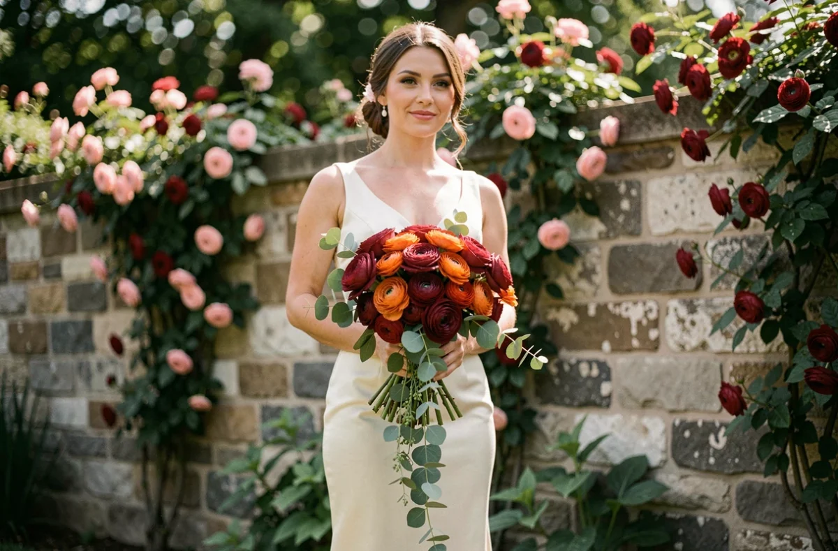 Mariée en robe ivoire tenant un bouquet cascadant de roses bordeaux et de renoncules terracotta dans un jardin avec mur en pierre