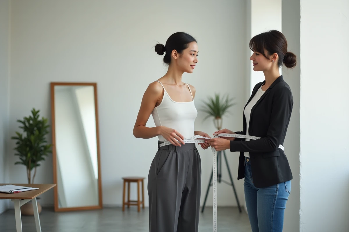 Mannequin femme en studio de casting se faisant prendre ses mensurations, avec règle et carnet de casting pour sélection mode