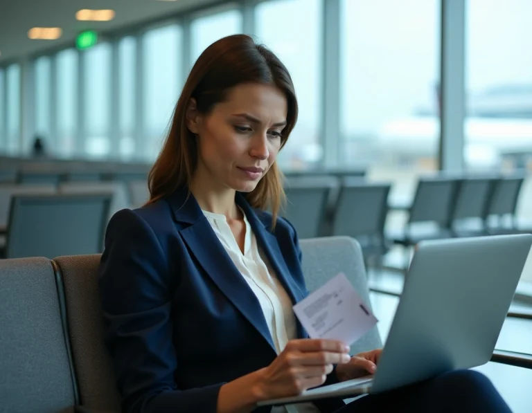 Femme consultant son ordinateur portable à l'aéroport pour modifier des informations passager sur American Airlines