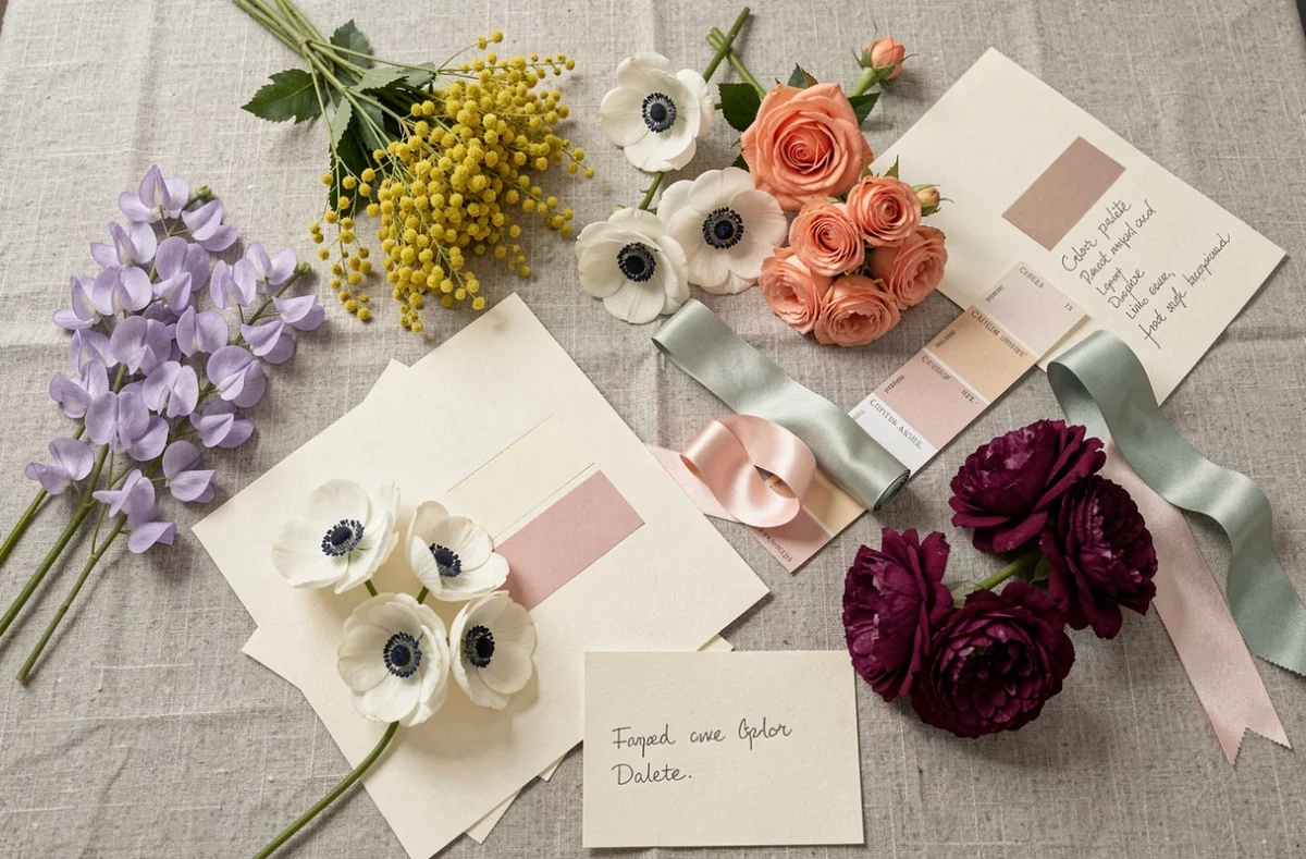 Composition à plat de fleurs de mariage aux couleurs variées avec échantillons de rubans et planches d'ambiance pour choisir la palette chromatique parfaite