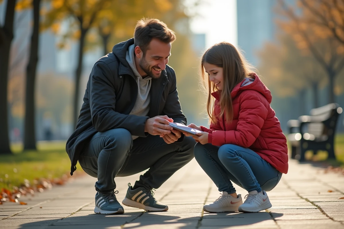 Pere aidant sa fille pour ses devoirs dans un parc urbain ensoleille