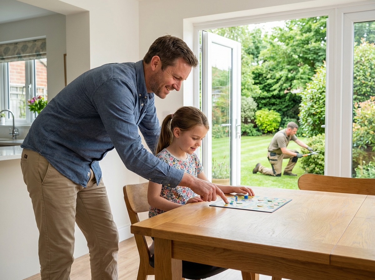 Père jouant à un jeu de société avec sa fille à la table