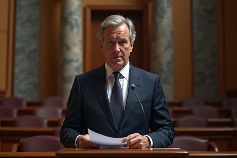 Homme politique en costume devant un pupitre dans une salle d'assemblée parlementaire