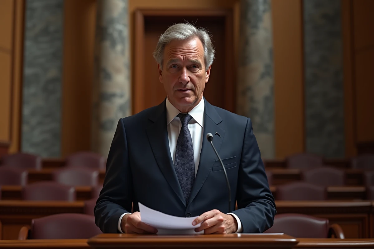 Homme politique en costume devant un pupitre dans une salle d'assemblée parlementaire