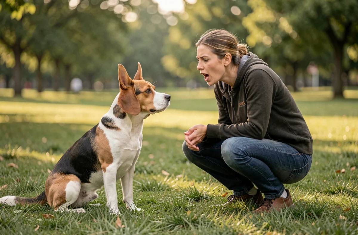 Propriétaire parlant à son beagle dans un parc, montrant l'interaction vocale entre humain et chien et les sons du langage canin