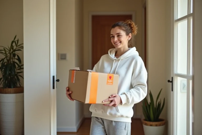Jeune femme recevant un colis Zalando à la porte de son appartement avec un sourire satisfait
