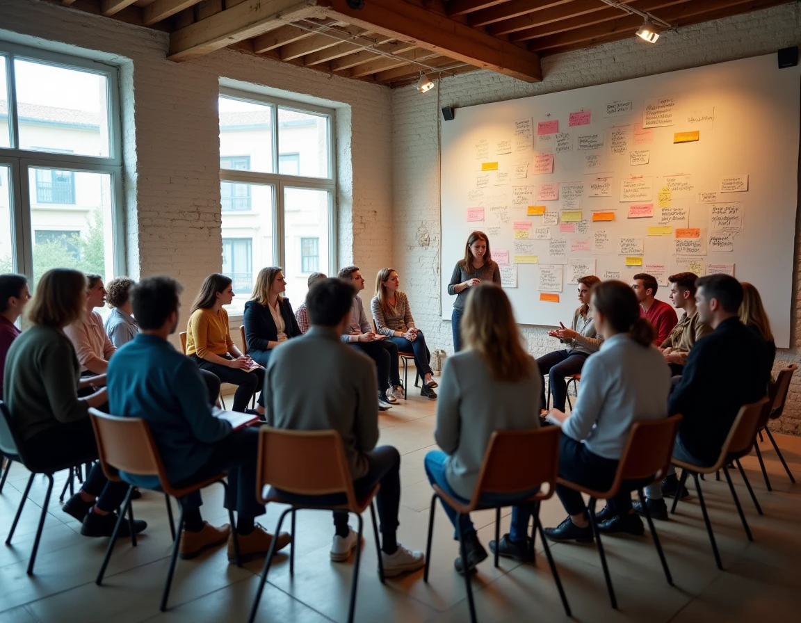Réunion participative de citoyens engagés dans une salle associative rénovée à Rennes, atelier de démocratie locale