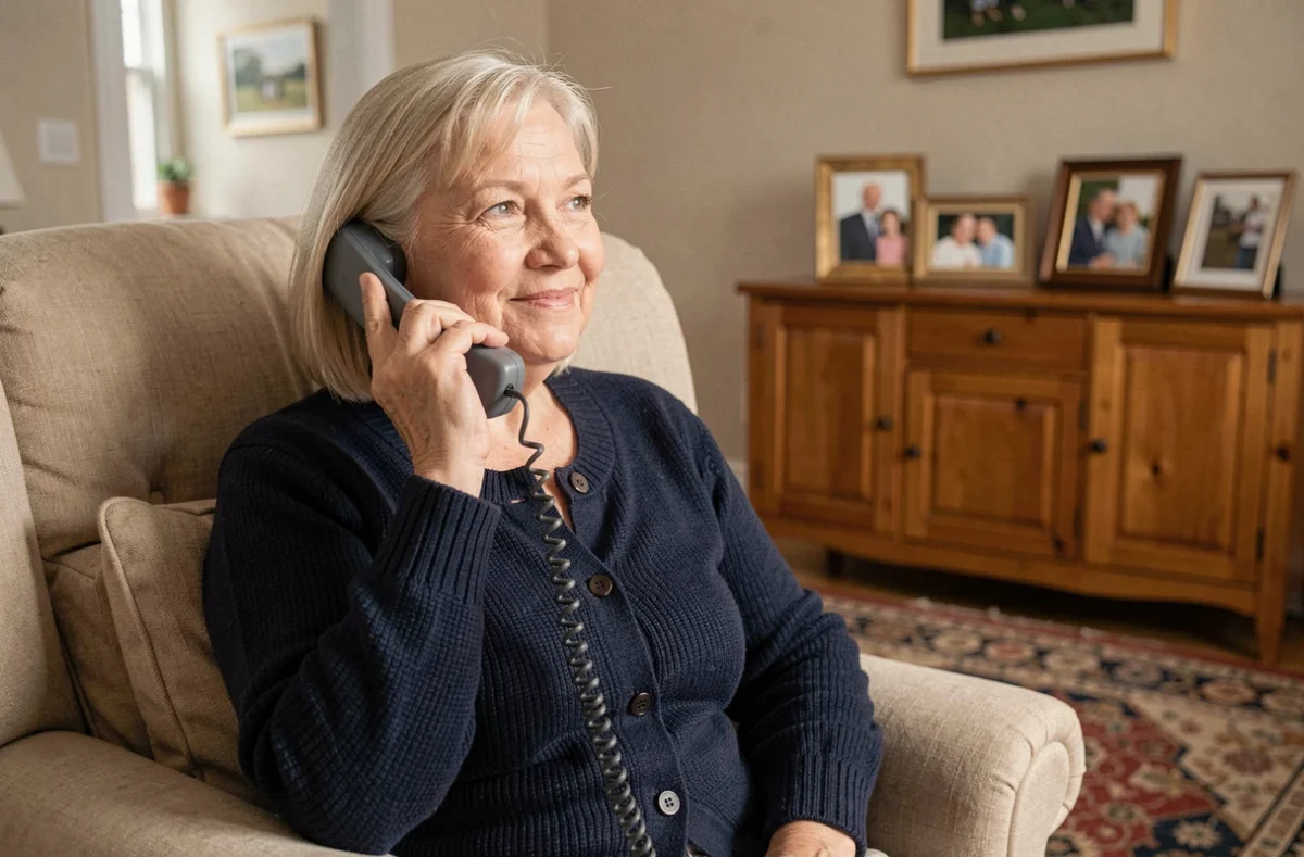 Femme senior souriante au téléphone dans son salon, illustrant une prise de contact sereine avec un conseiller via le numéro 3400