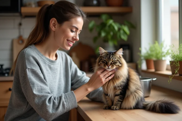 Femme brossant son chat tabby à poils longs dans une cuisine moderne et chaleureuse