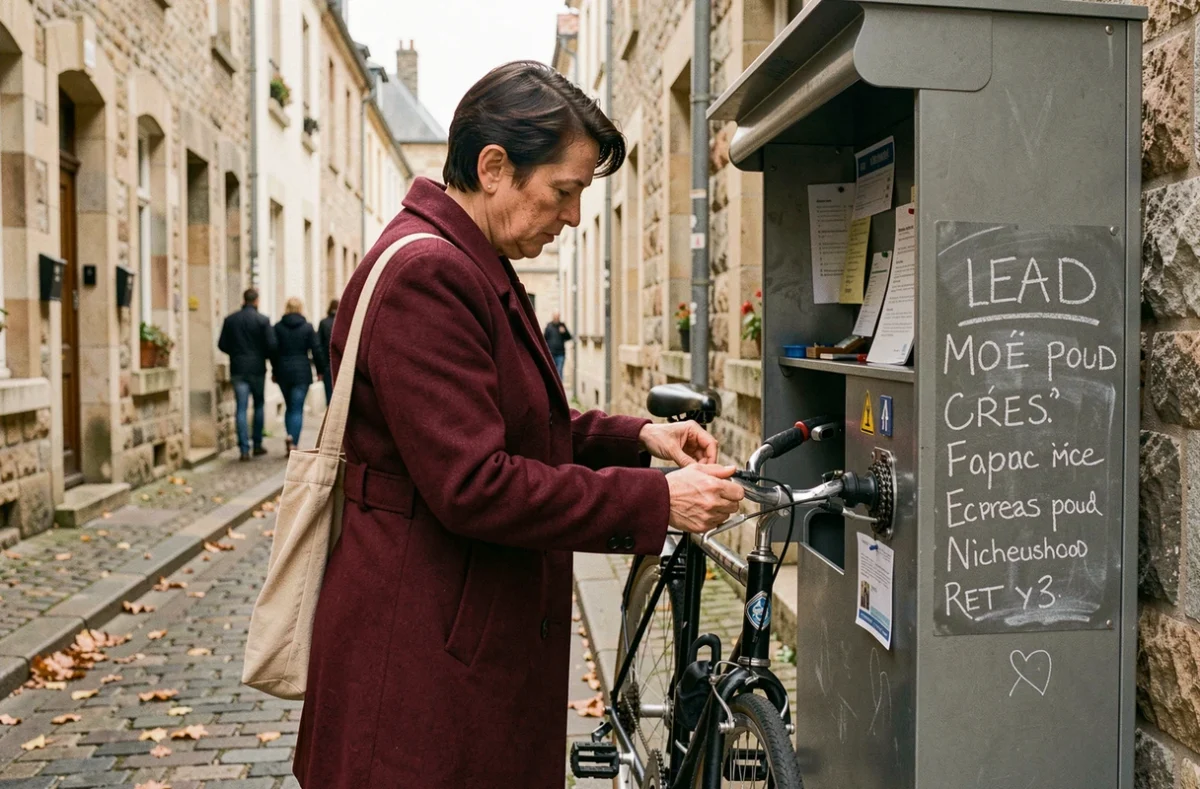 Femme utilisant une station de réparation vélo en libre-service dans une rue pavée du centre historique de Rennes