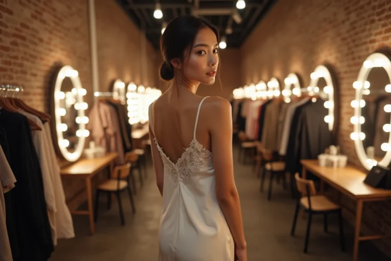 Jeune mannequin femme grande et élancée en coulisses d'un défilé de mode, illustrant les critères de taille dans l'industrie de la mode