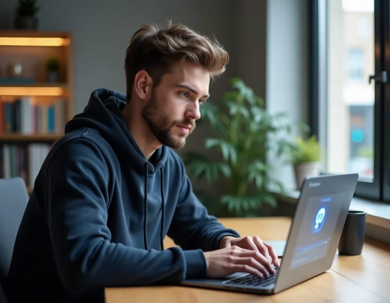 Homme naviguant sur la nouvelle adresse officielle de Zone Téléchargement en mai 2026 depuis son bureau à domicile